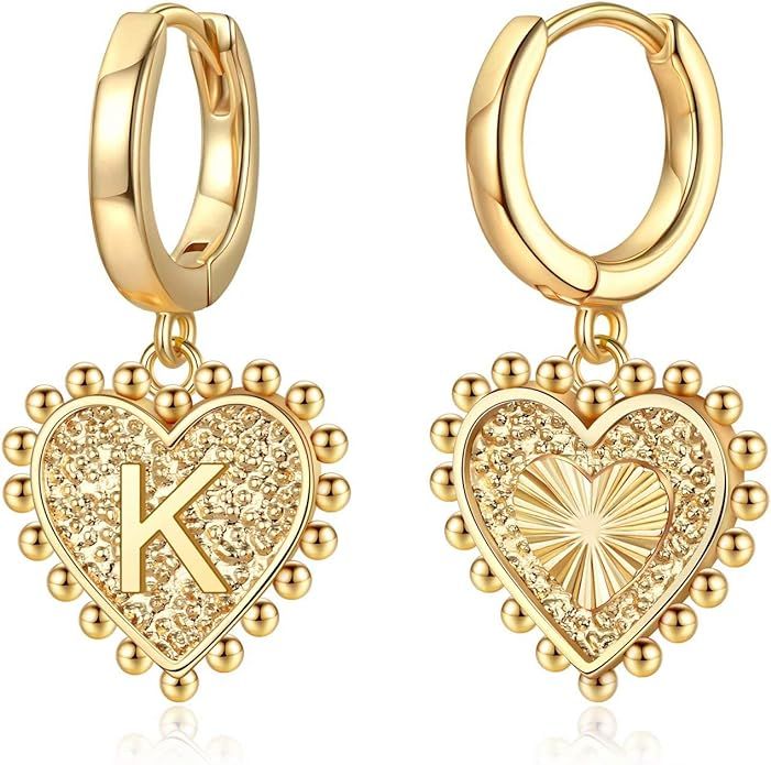 Heart Initial Earrings for Girls Women, S925 Sterling Silver Post Girls Earrings 14k Gold Plated ... | Amazon (US)