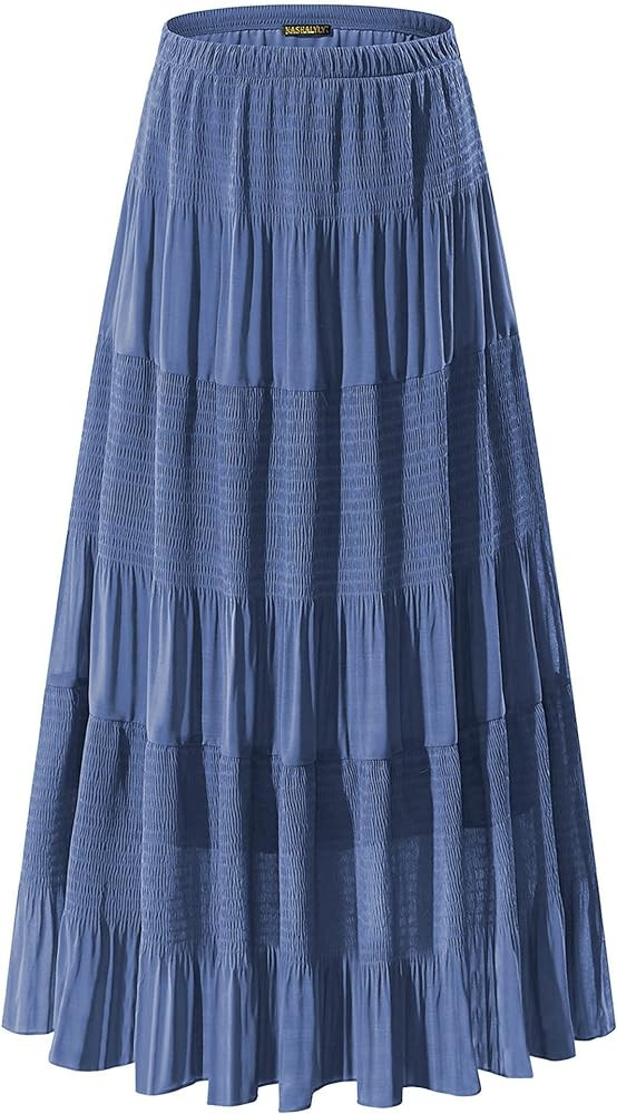 NASHALYLY Women's Chiffon Elastic High Waist Pleated A-Line Flared Maxi Skirts | Amazon (US)