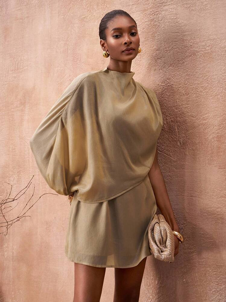 Zivah 2025 Autumn/Winter New Rust Brown Mesh Sheer Asymmetric Sleeve Mini Dress, Suitable For Easter, Music Festivals, Everyday Wear, Parties, Christmas, Valentine's Day, Dates, Beach, Cruise, Carnival/ One Sleeve Dress/ Cape Dress | SHEIN