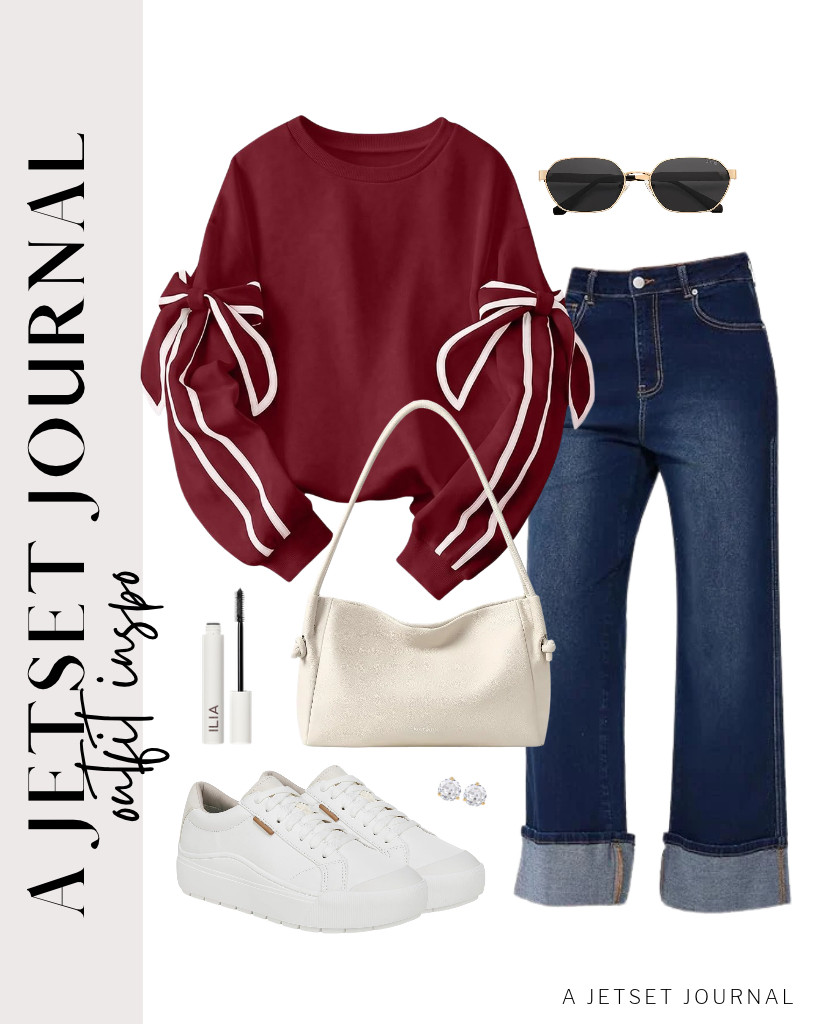 Wear these Vinova wide-leg jeans with a burgundy SHEWIN bow-styled sweatshirt. For this fit, you can use Dr. Scholl’s Time Off sneakers and a BOSTANTEN shoulder bag. Accessorize with SOJOS hexagon sunnies and PAVOI stud earrings. 

 #LTKSeasonal #LTKSaleAlert #LTKTravel