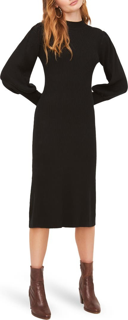 Mock Neck Ribbed Knit Midi Puff Sleeve Dress | Nordstrom Rack