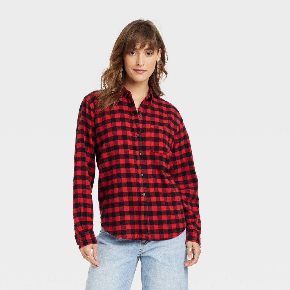 Women's Relaxed Fit Long Sleeve Flannel Button-Down Shirt - Universal Thread Red Plaid XXL | Target