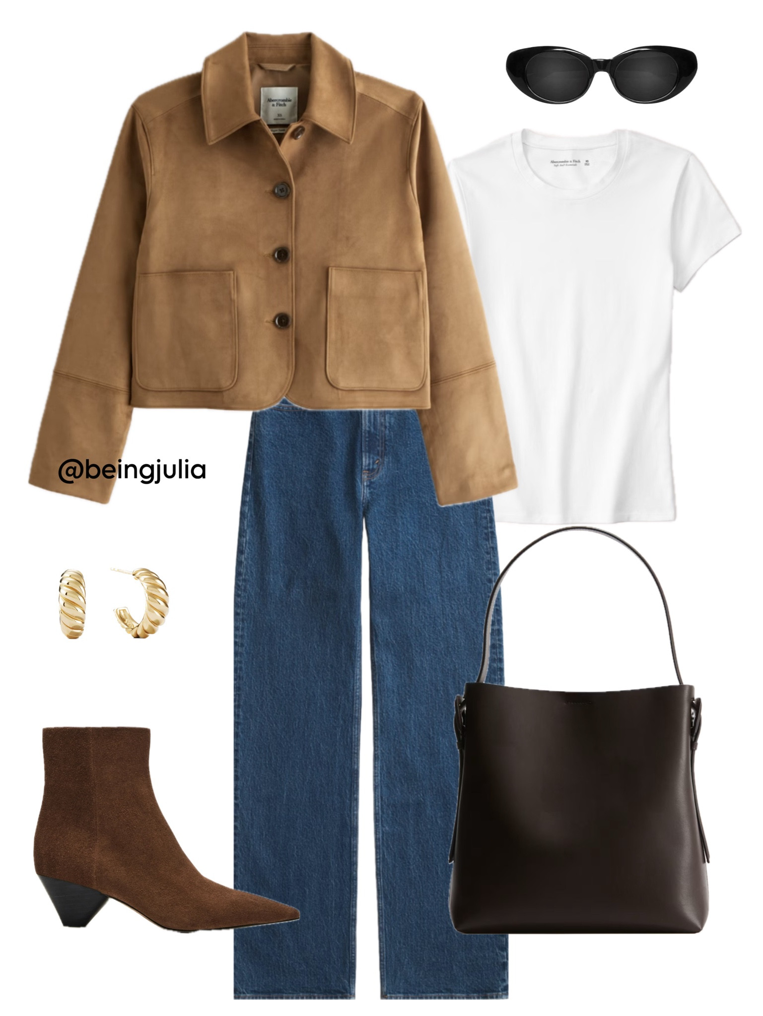 Fall outfit inspiration!

-Abercrombie brown suede cropped collared jacket. 
-Abercrombie white baby tee. 
-Abercrombie high rise relaxed jeans in dark wash. 
-Steve Madden dark brown suede ankle boots. 
-H&M dark brown tote bag. 
-Celine Triomphe rounded black sunglasses in acetate. 
-Mejuri gold croissant dome hoop earrings. 


#LTKcanada #LTKstyletip #LTKautumn