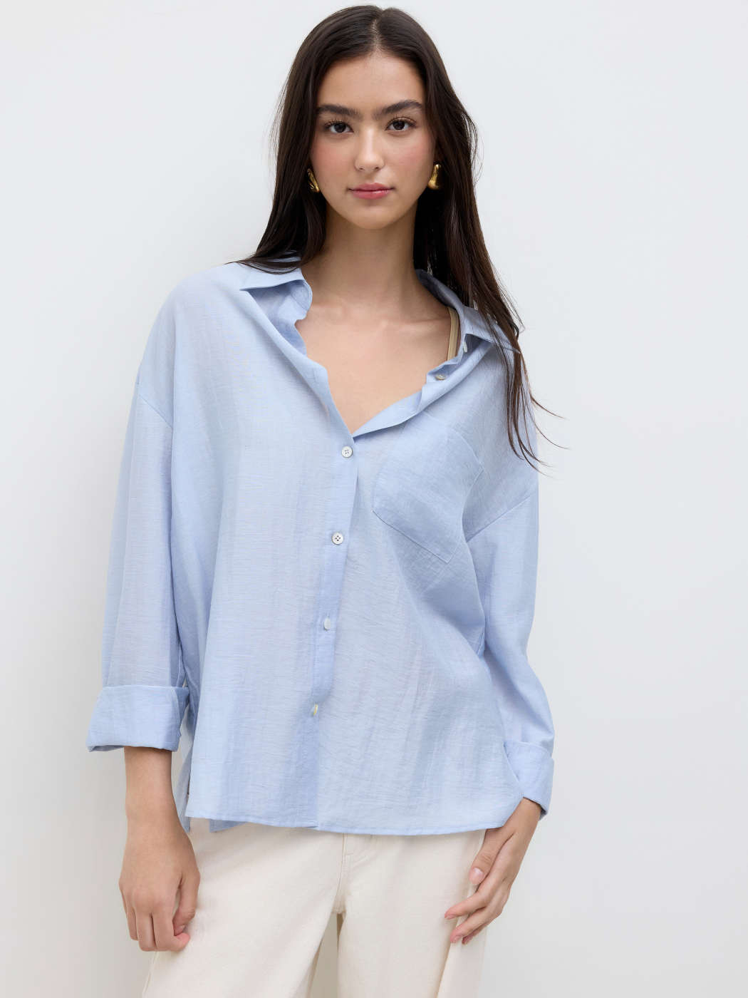 Woven Linen-blend Polo Neck Oversized Long Sleeve Shirt For Work | Cider