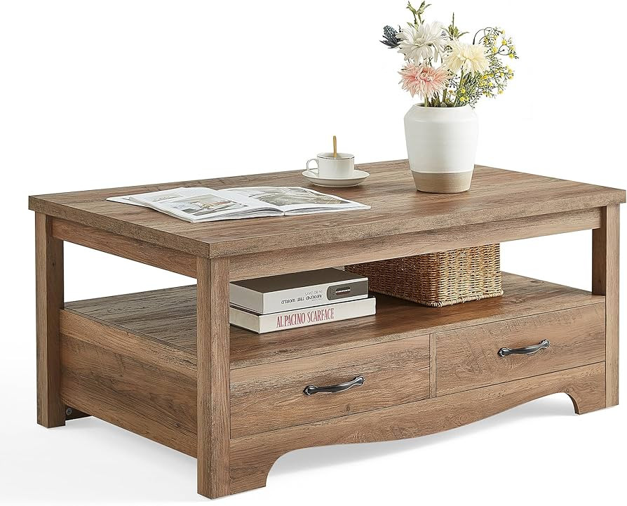 LINSY HOME Farmhouse Coffee Table with Storage, Wood Coffee Table for Living Room, Open Display A... | Amazon (US)