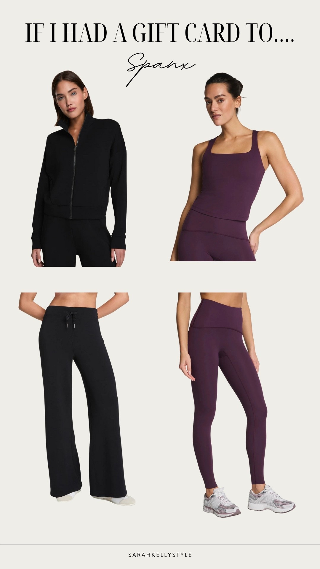 If I had a gift card to Spanx, I’d go straight for pieces that look put-together but feel insanely comfortable. This black wide-leg + zip-up set is that ‘effortless outfit’ you can wear anywhere, and the purple workout set is too good to pass up—supportive, flattering, and actually makes you want to work out.

#LTKootd #LTKmomlife #LTKSeasonal