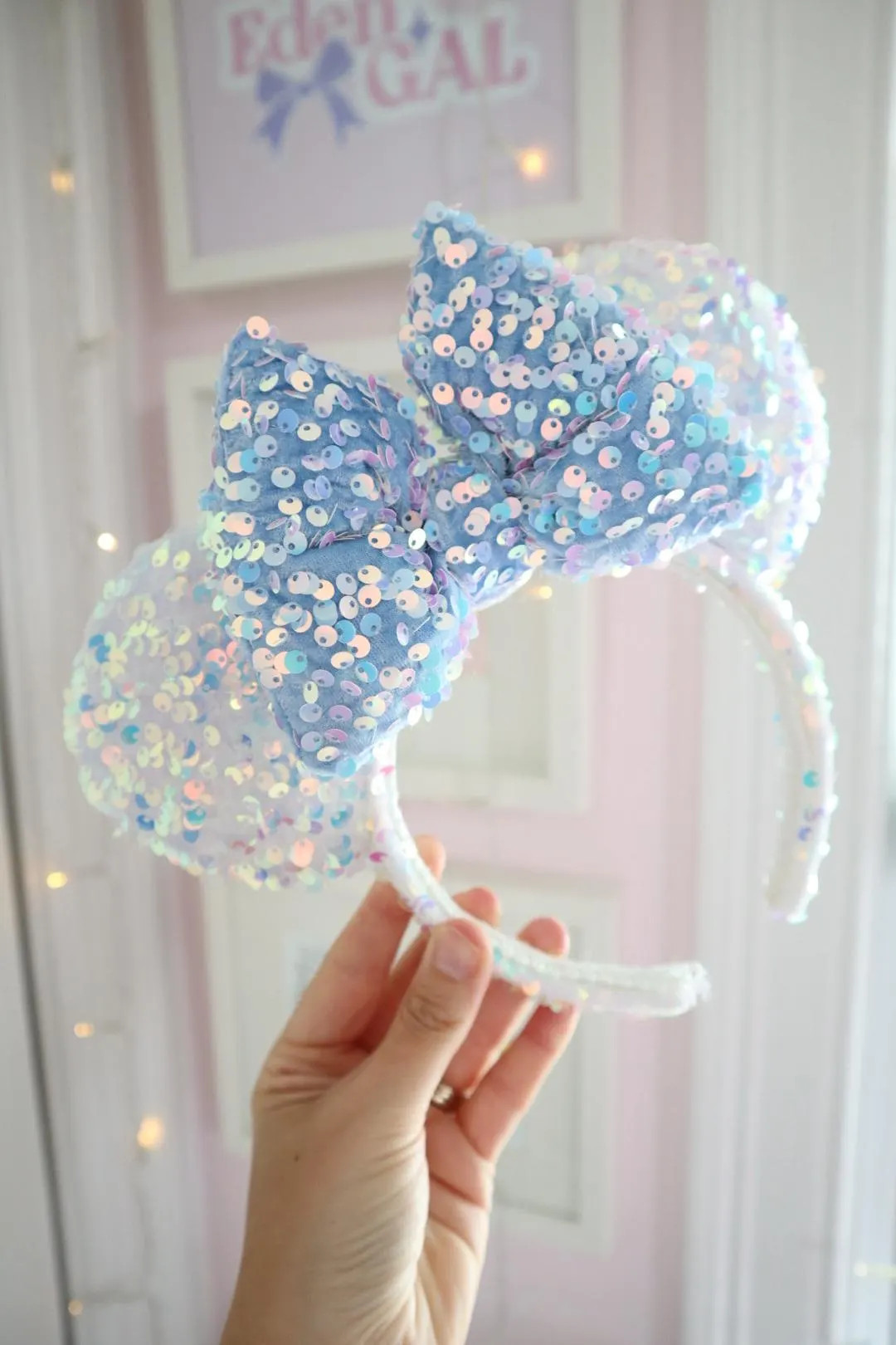 White Velvet Ears Light Blue Sequin Bow - Etsy | Etsy (US)
