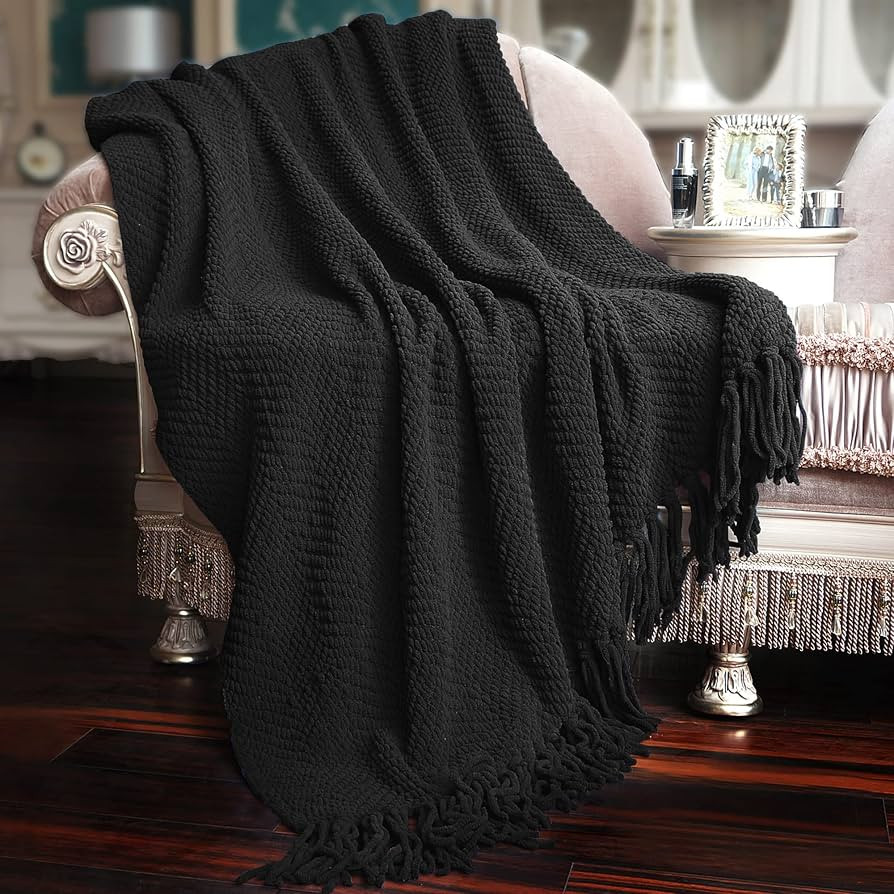 Home Soft Things Black Throw Blanket Knitted Tweed Throw 50'' x 60'', Raven, Super Soft Cozy Warm... | Amazon (US)