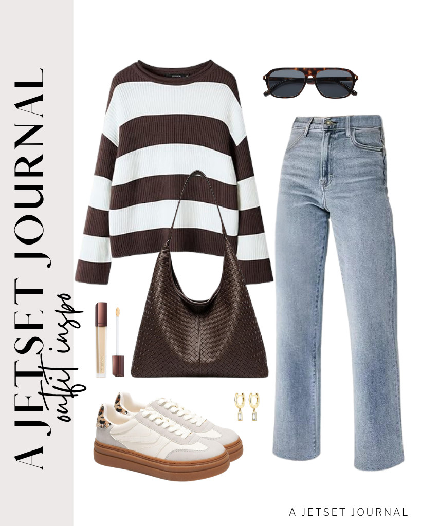 We are obsessed with this combination of a brown striped sweatshirt from ZESICA and KDF jeans. It goes well with Project Cloud lightweight platform sneakers and a woven textured leather tote bag. You can finish the look with SOJOS aviator sunnies and PAVOI huggie hoop earrings.

#LTKSeasonal #LTKSaleAlert #LTKTravel
 

 