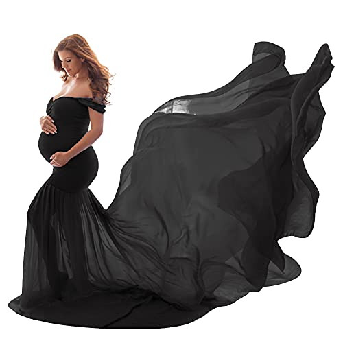 Women Maternity Dress for Photography Mermaid Off Shoulder Elegant Fitted Chiffon Gown Baby Shower Pregnancy Maxi Dresses for Photoshoot Ruched V Neck Summer Slim Fit Flowy Photo Props Dress Black | Amazon (US)