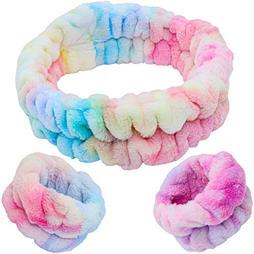 FROG SAC Spa Headband and Wristbands for Face Washing, Fuzzy Skincare Make Up Headbands Set for Women, Soft Puffy Makeup Skin Care Facewashing Hair Band Accessories for Girls (Rainbow Tie Dye) | Amazon (US)