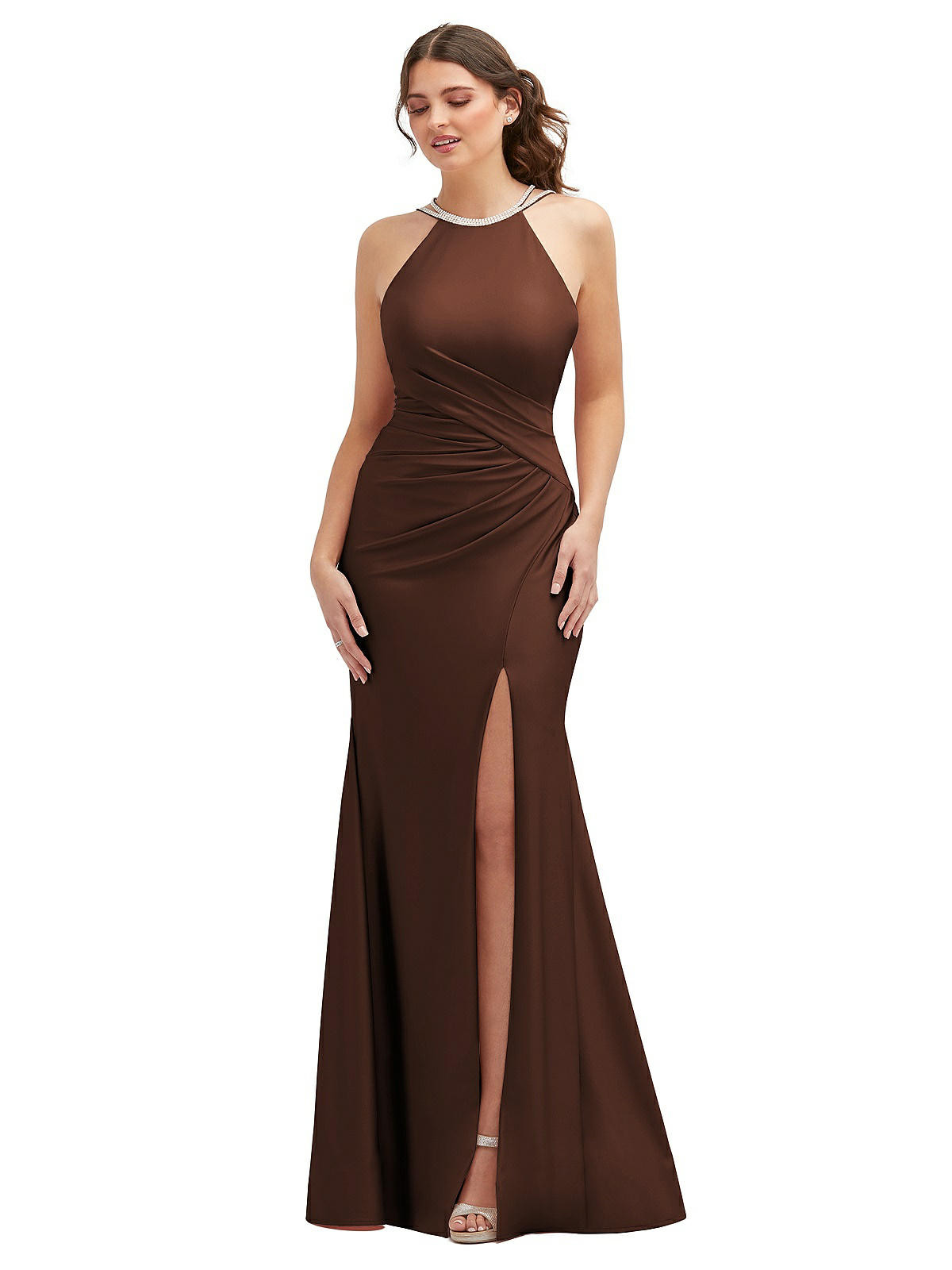 Halter Asymmetrical Draped Stretch Satin Mermaid Dress with Rhinestone Straps in Cognac | Dessy Group