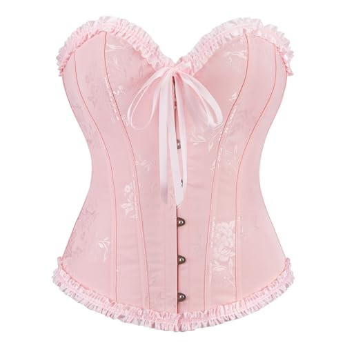 Pink Corset Top for Women Overbust Lace Up Boned Corset Bustier Tops L | Amazon (US)