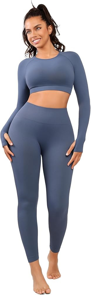 Cosmolle Workout Long Sleeve Outfits for Women Tummy Control Gym Outfit 2 Piece Set Yoga High Wai... | Amazon (US)