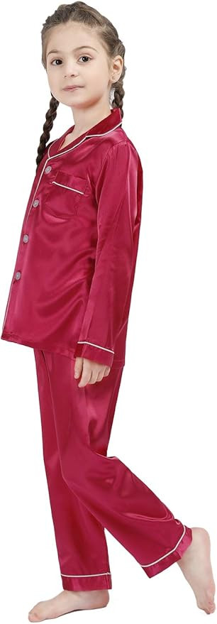 DF-deals Girls Boys Kids Silk Satin Pajamas Set Button-Down Clothes Long Sleeve Loungewear Sleepw... | Amazon (US)