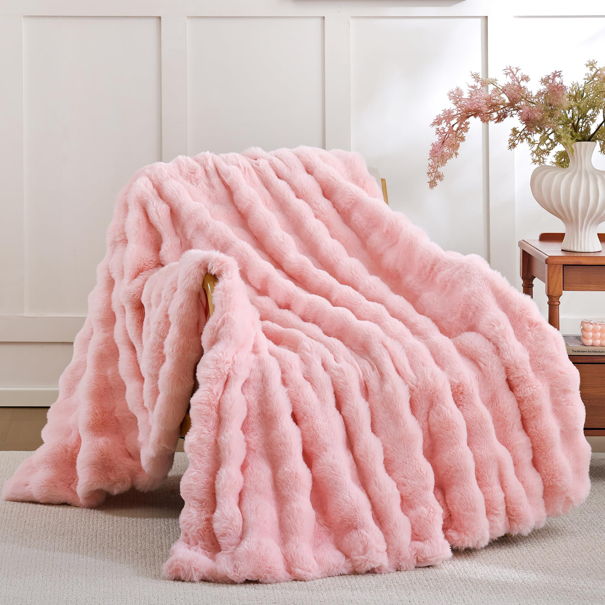 Smoofy Faux Fur Throw Blanket for Couch – Blush Pink Fluffy Cozy Rabbit Fleece, Plush Soft Bubb... | Amazon (US)