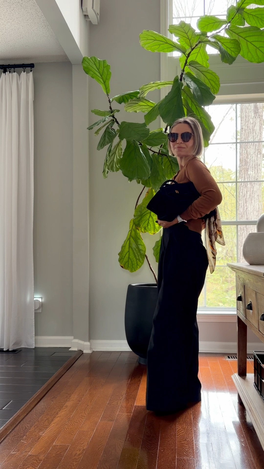 work outfits
Rust color cardigan paired with black high waisted trousers, leopard flats , black suede tote bag. I also added a scarf for a pop of color and sunnies.

#spring #office #outfit #workwear #over50 

#LTKgrwm #LTKSeasonal #LTKPetite