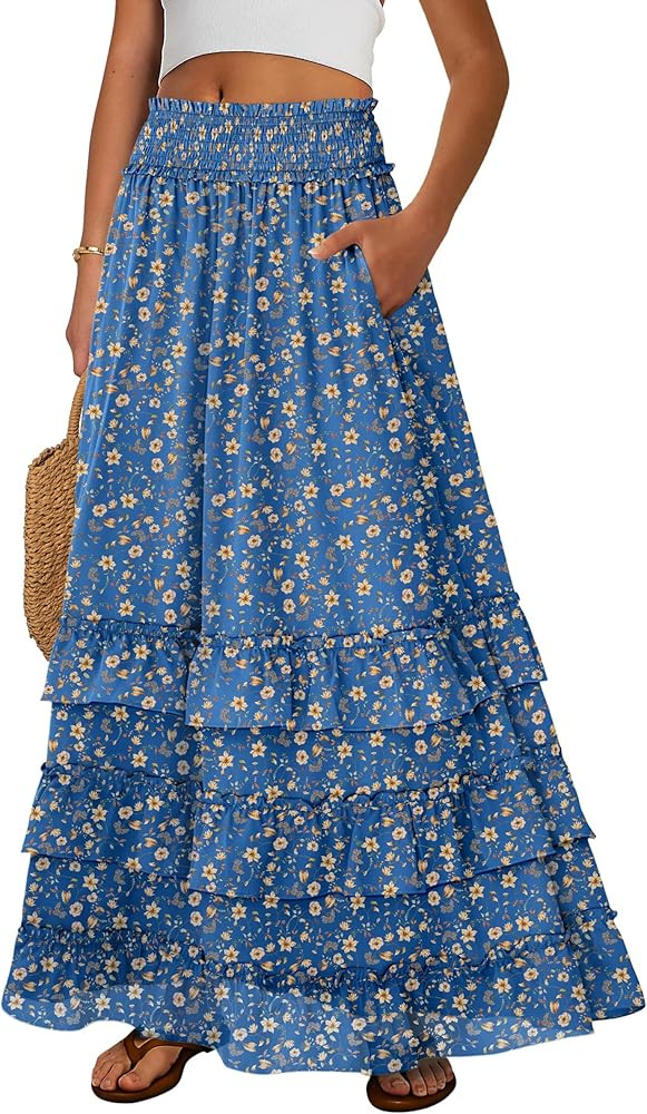ANRABESS Maxi Skirts for Women Summer Boho Tiered Flowy Elastic High Waist Beach Long Skirt Casua... | Amazon (US)