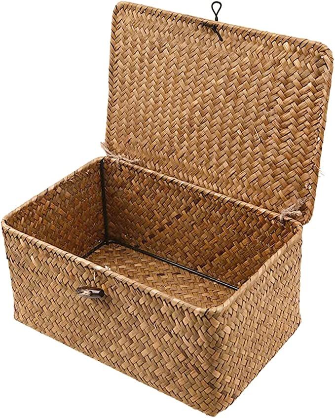 Sobotoo Wicker Storage Box with Lid, Natural Hand-woven Rattan Storage Box, Rectangular Household... | Amazon (US)