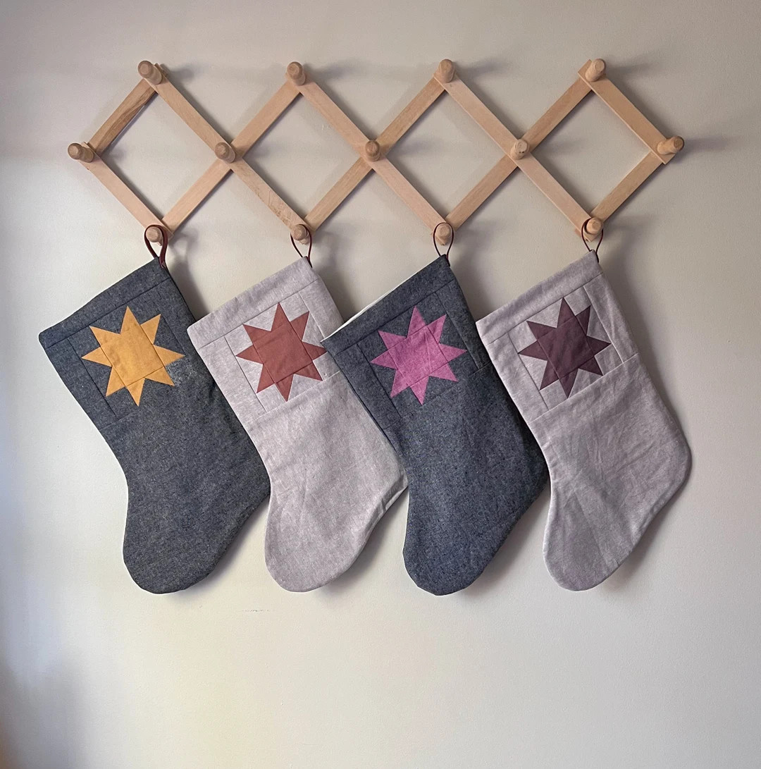 Linen Sawtooth Star Christmas Stocking Minimalist Leather - Etsy | Etsy (US)