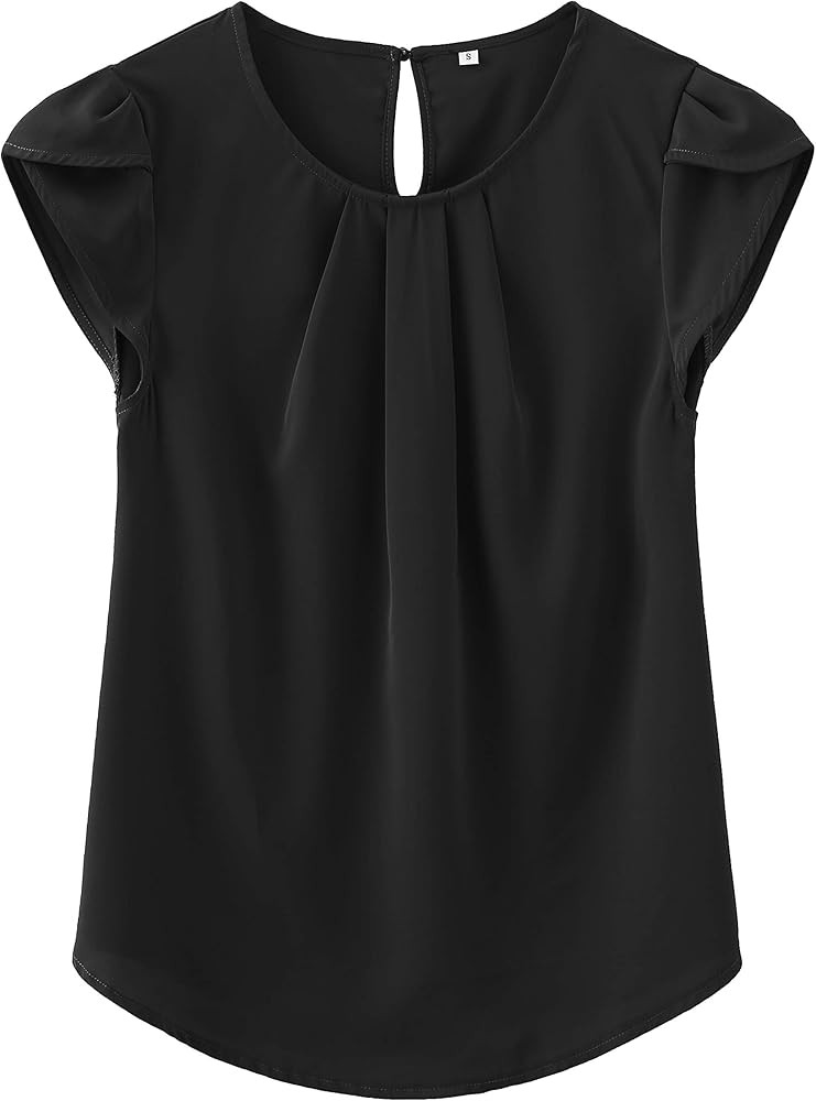 TASAMO Women's Casual Round Neck Basic Pleated Top Cap Sleeve Curved Keyhole Back Chiffon Blouse | Amazon (US)