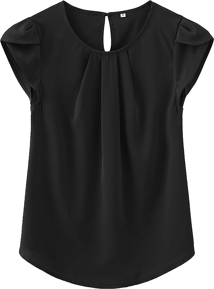 TASAMO Women's Casual Round Neck Basic Pleated Top Cap Sleeve Curved Keyhole Back Chiffon Blouse | Amazon (US)