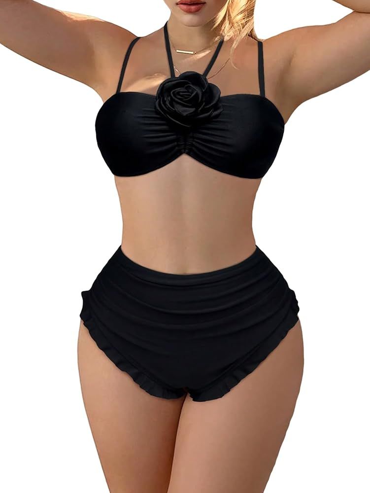 WDIRARA Women's 2 Piece Swimsuit Ruched Flower Applique Ruffle Trim Tie Back Solid Bikini Set | Amazon (US)