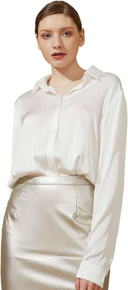 Escalier Women's Silk Blouse Long Sleeve Satin Button Down Shirt Casual Work Office Silky Blouse ... | Amazon (US)