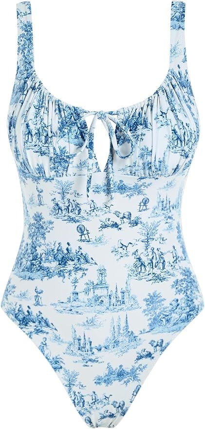 ZAFUL Women's Toile Tie Swimsuit Ribbed U Neck Ruched Keyhole One-Piece Tankini Bathing Suit | Amazon (US)