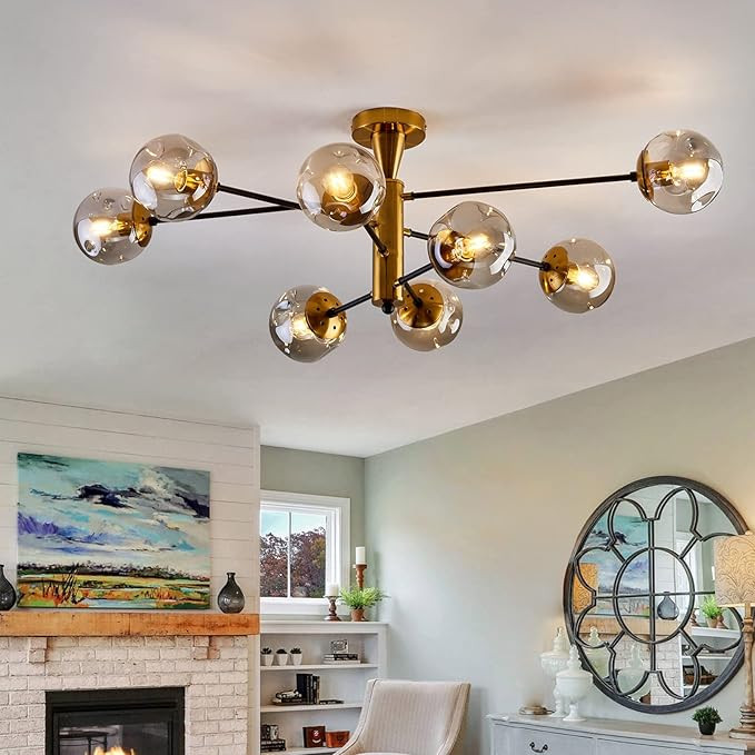 8 Light Sputnik Semi Flush Mount Ceiling Light Fixture Mid Century Modern Black Gold | Amazon (US)