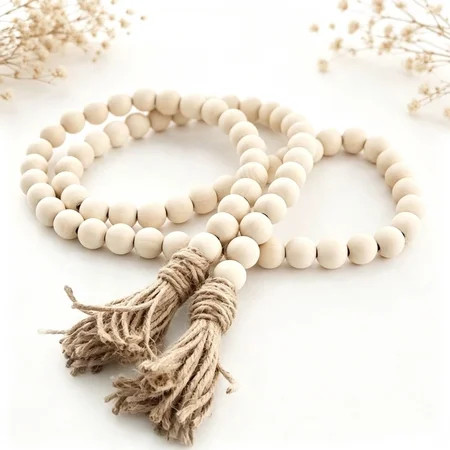 LQQBOX 58 Inches Wood Bead Garland with Tassel,Farmhouse Rustic Prayer Boho Wooden Beads for Tiered Tray Coffee Table Mantel Decor (1 Pack) | Walmart (US)