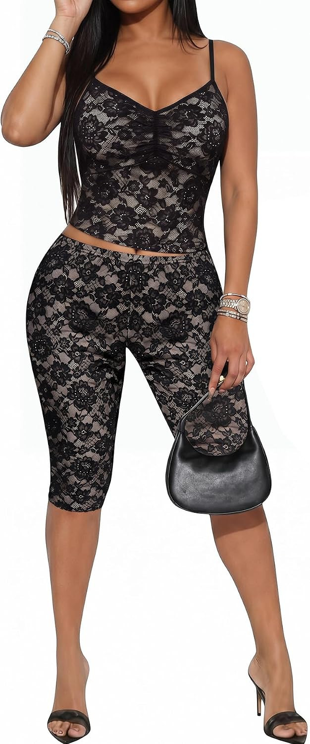 SOLY HUX Women's Lace 2 Piece Outfits Y2k Crop Camisole and Capri Legging | Amazon (US)