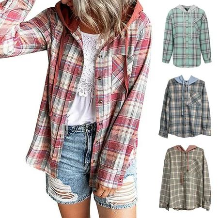 Womens Flannel Shirts Plaid Hoodie Jacket Long Sleeve Button Down Blouse Tops Casual Boyfriend Shirt | Walmart (US)