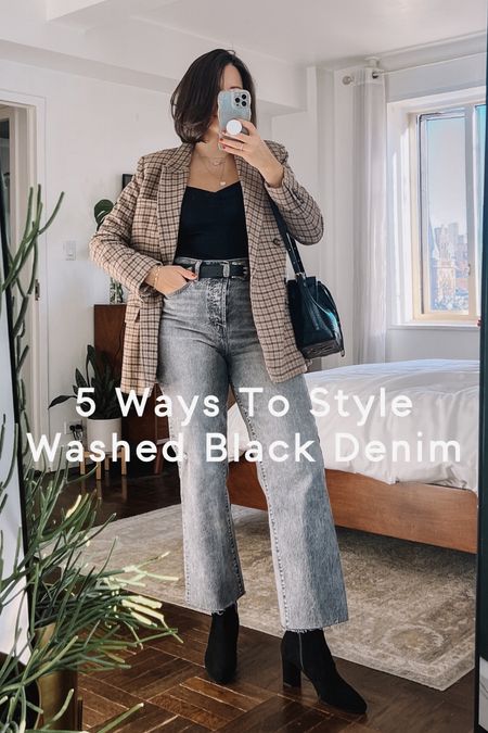Ways to style washed black denim. These all work with all black or classic blue jeans. Linking most products here. Each outfit from the reel is linked in full in their own posts  

#LTKitbag #LTKworkwear #LTKshoecrush