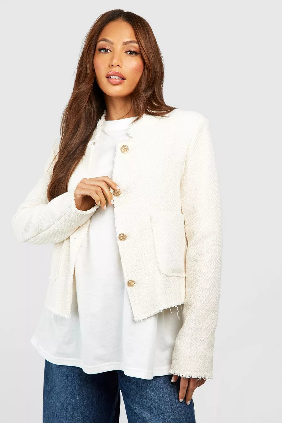 Tall Boucle Shoulder Pad Frayed Detail Jacket | boohoo (US & Canada)