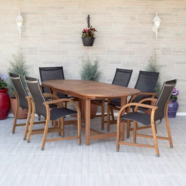 Bahamas 7-Piece Extendable Oval Patio Dining Set, Solid Wood 100% FSC Certified - Walmart.com | Walmart (US)