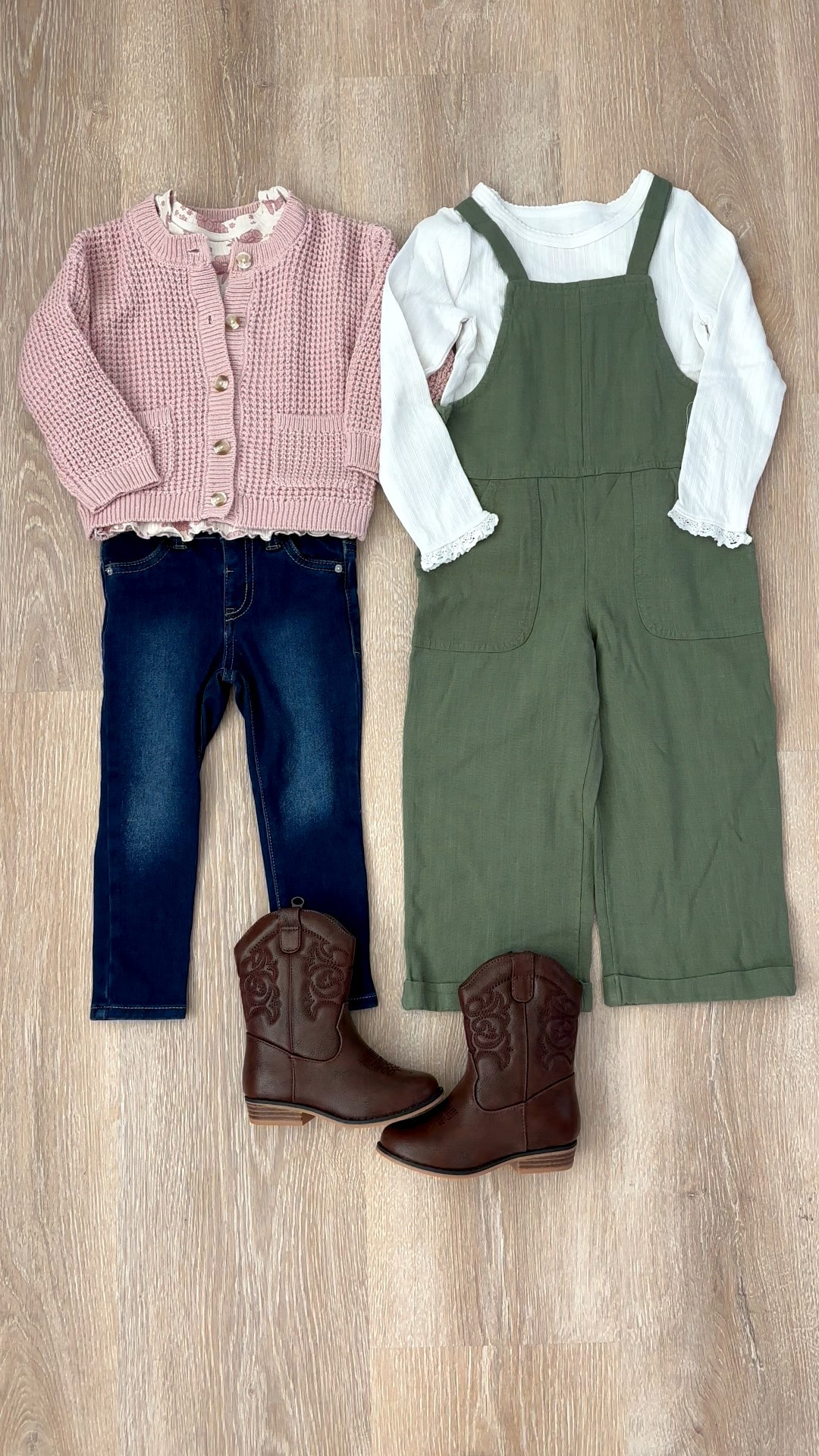Fall fashion for the littles 🍂 These cozy, photo-ready looks are perfect for back to school, family photos, and everything in between.
We layered a floral ribbed long sleeve tee with a light pink crocheted cardigan and dark wash jeggings, and paired a green jumpsuit with a cream pointelle tee and the cutest western boots. Comfortable, stylish, and kid-approved! 🤎✨
#LTKkids #FallFamilyPhotos #BackToSchoolStyle #ToddlerFallFashion #PreschoolStyle #WesternBoots #FallOutfitInspo #CozyKidsStyle #MiniStyle #LTKBacktoSchool

#LTKBaby #LTKFamily #LTKKids