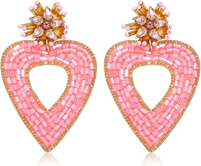 Valentine’s Day Earrings Beaded Heart Drop Earrings Edged in gold beading Fashion Trendy Big Lo... | Amazon (US)