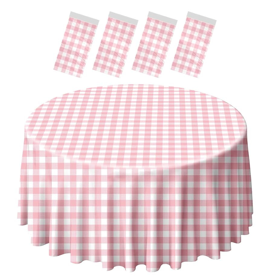 SietDESEO 4 Pack Pink Gingham Tablecloth Round 84 x 84 Pink and White Checkered Table Cloth Dispo... | Amazon (US)