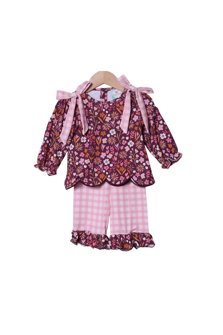 Fall Floral Maroon Scalloped Gingham Pant Set | The Smocked Flamingo