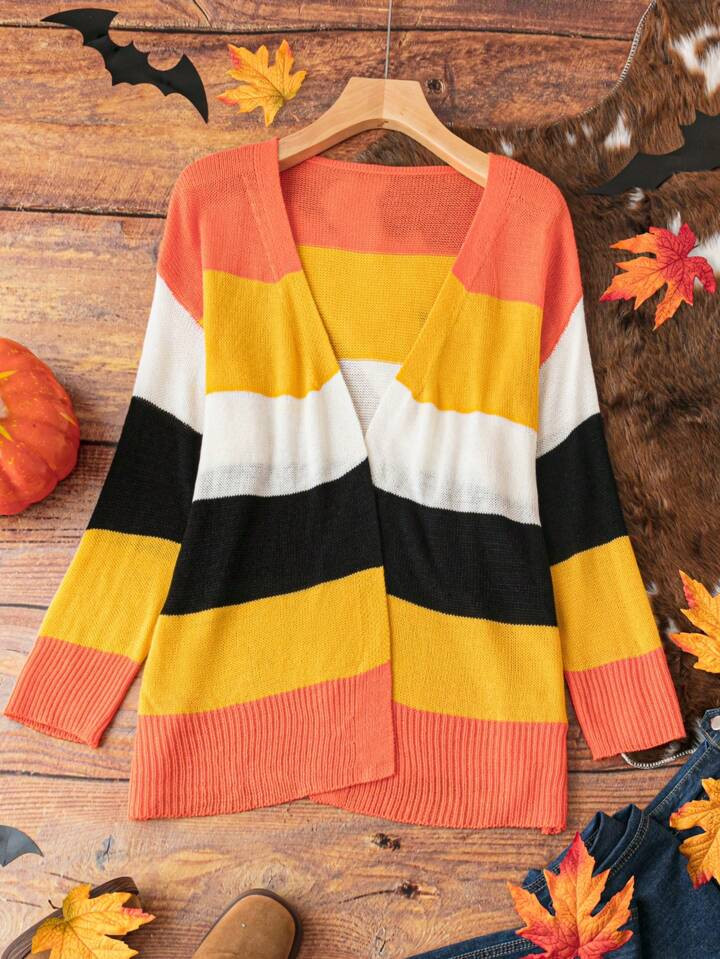 SHEIN LUNE Plus Color Block Drop Shoulder Open Front Cardigan | SHEIN