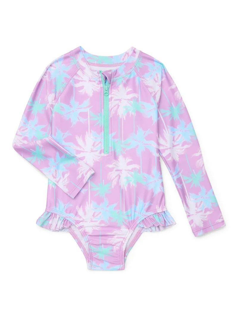 Wonder Nation Baby and Toddler Girls Long Sleeve Swim Rashguard One-Piece, Size 12M-5T | Walmart (US)