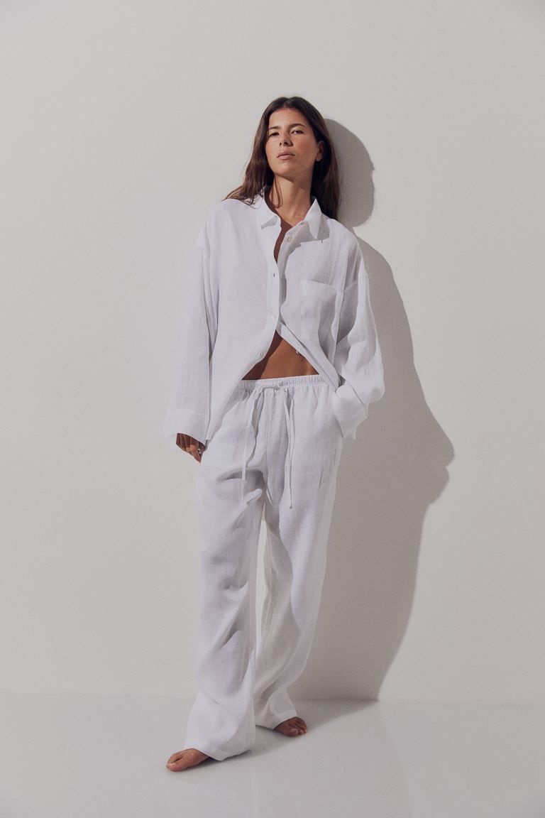 Linen trousers - High waist - White - Ladies | H&M GB | H&M (UK, MY, IN, SG, PH, TW, HK)