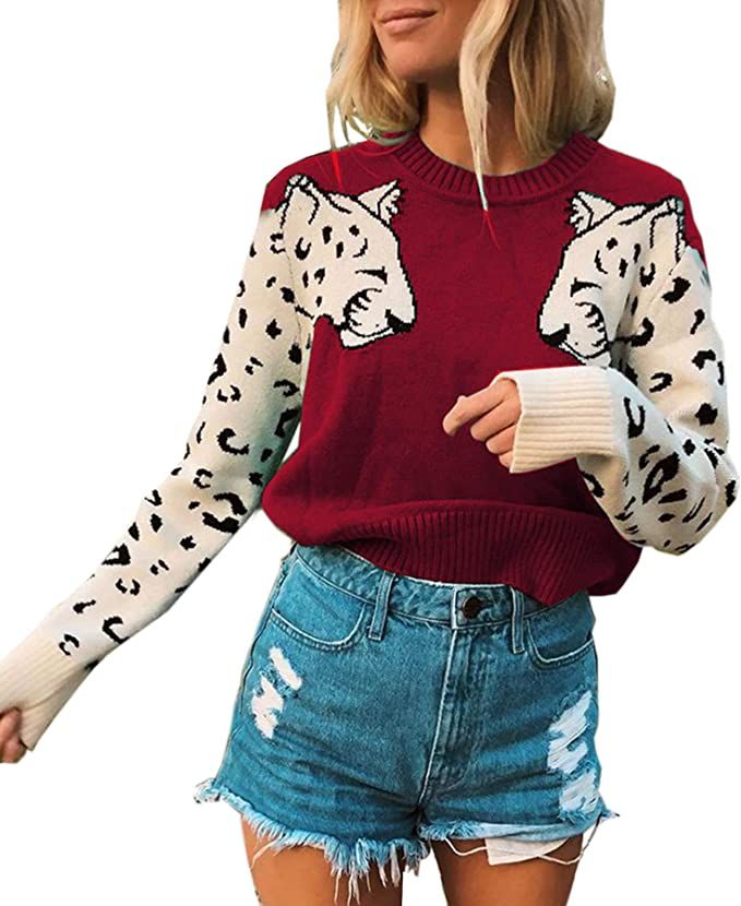 Angashion Women's Sweaters Casual Leopard Printed Patchwork Long Sleeves Knitted Pullover Cropped... | Amazon (US)