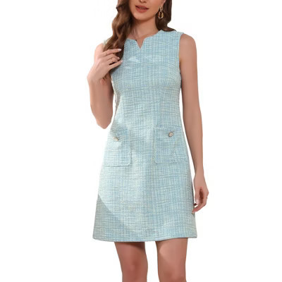 INSPIRE CHIC Women's Tweed Elegant Plaid Sleeveless Pockets Casual Work Midi Dresses Blue Apricot Silver Small | Target