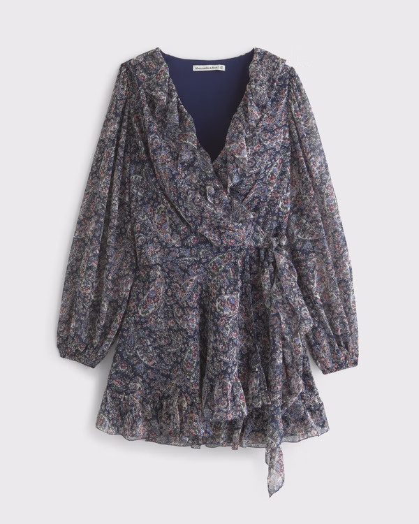 Long-Sleeve Draped Wrap Mini Dress | Abercrombie & Fitch (US)