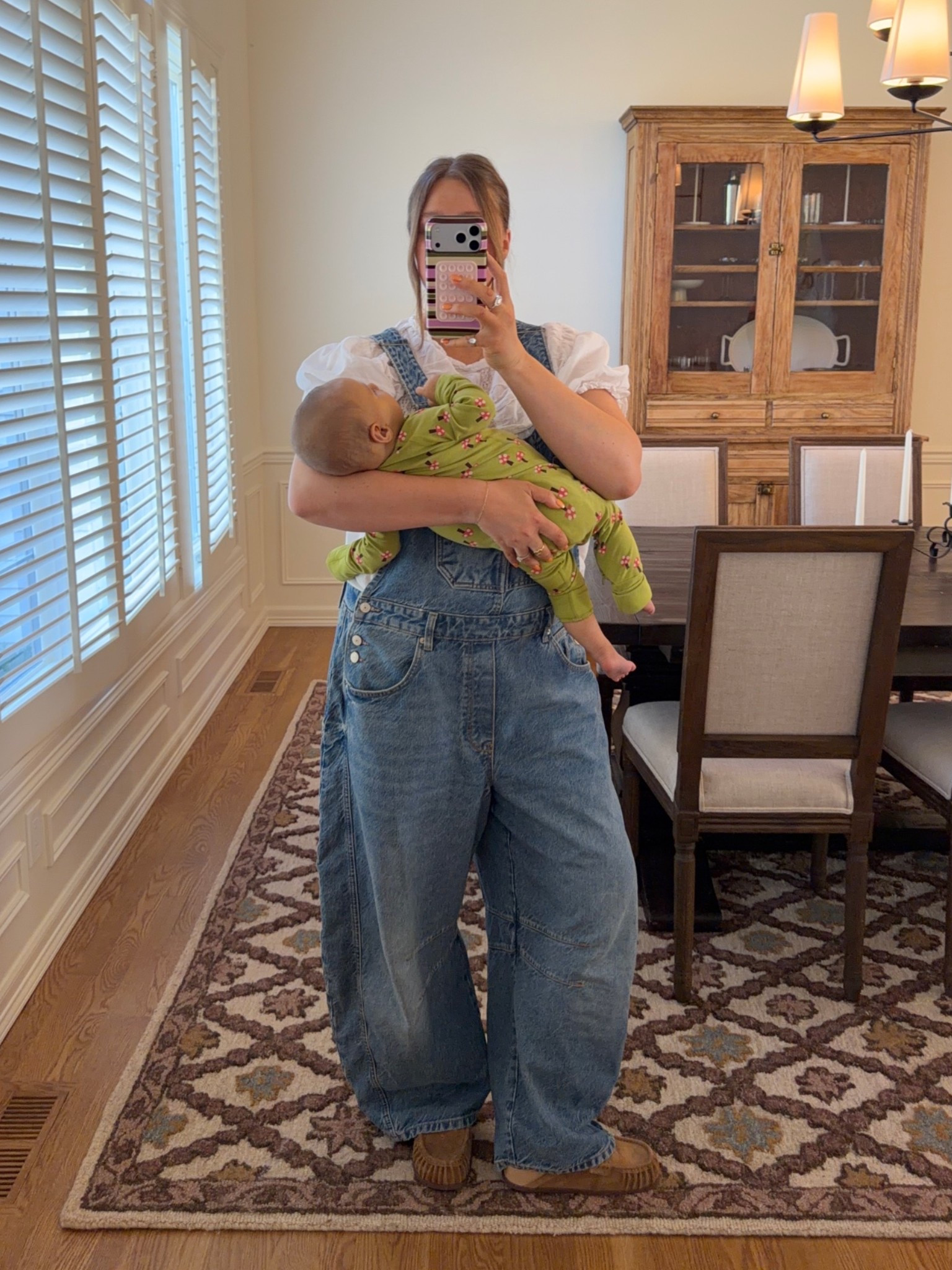 Large in overalls I actually size up for a super baggy fit I love! They do run loose tho true size is also fine. Size large in 100% cotton blouse I wear all the time it’s perfect/washes well. Loafers true to size. Millie’s pajamas are so stretchy I love this brand and style she’s in 3-6mo

#momstyle #overalls #cotton