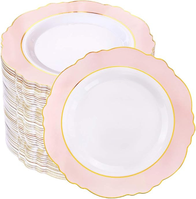 WDF 60pcs Pink Plastic Plates - 7.5inch Baroque Pink &Gold Disposable Dessert/Salad Plates for Up... | Amazon (US)
