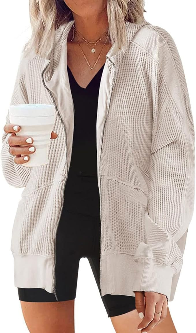 XUNRYAN Womens Waffleknit Shacket Jacket 2023 Fall Fashion Long Sleeve Casual Button Down Shirts ... | Amazon (US)