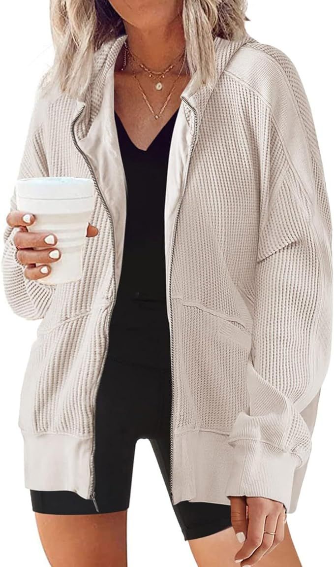XUNRYAN Womens Waffleknit Shacket Jacket 2023 Fall Fashion Long Sleeve Casual Button Down Shirts ... | Amazon (US)